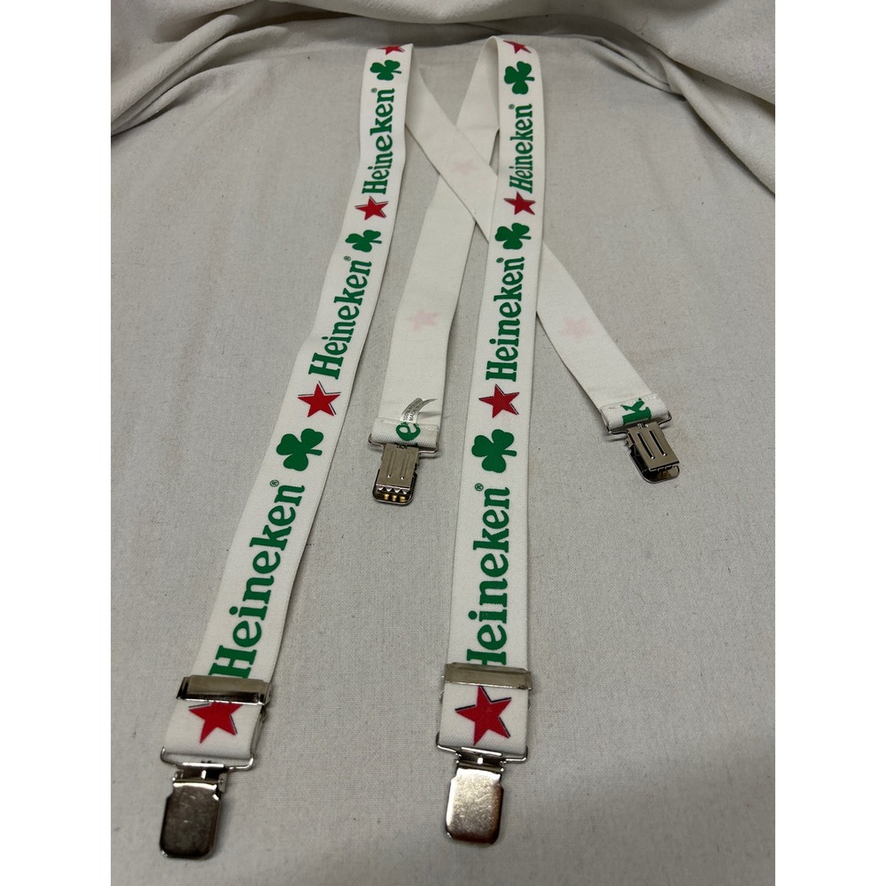 Heineken Beer Suspenders White Green Shamrock Red Star Adjustable Clip On X-Back